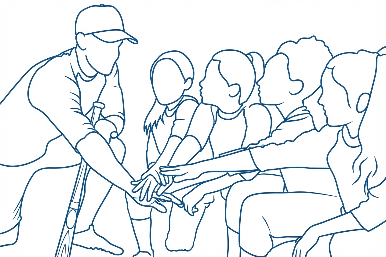 Line drawing of a coach and young players stacking their hands together