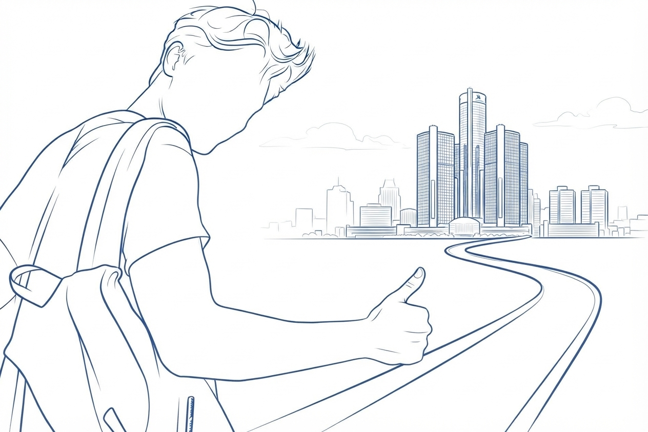 Line drawing of a young man hitchhiking toward the Detroit skyline